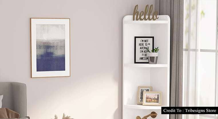 white corner bookcase