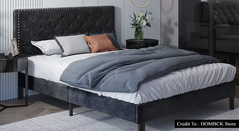 black upholstered bed