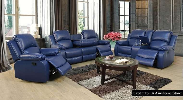 Blue Leather Reclining Sofa